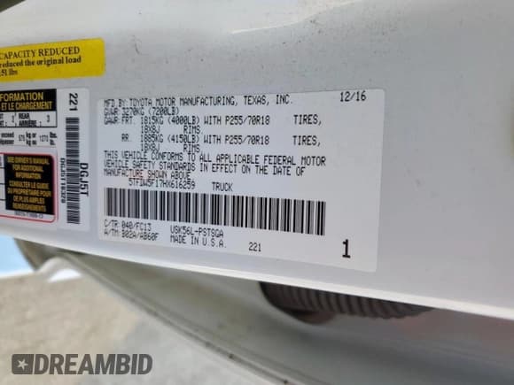 ✅ 2017 Toyota Tundra SR5 • VIN: 5TFDW5F17HX616259 • Lot: 69731325. Listed on Copart with 87,274 mi. Free auction sales archive from the USA and detailed vehicle history report at DreamBid. Image 12.