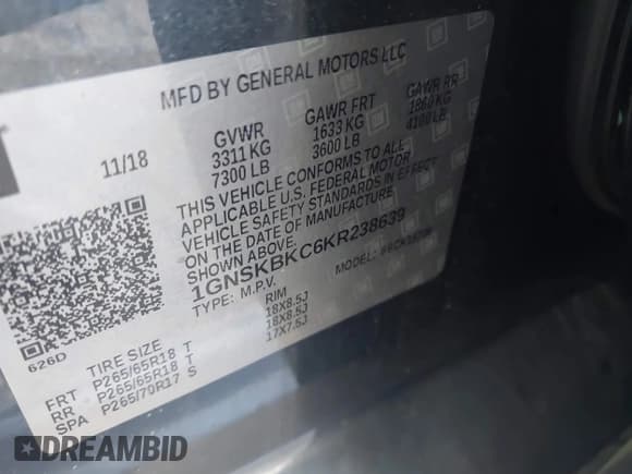 ✅ 2019 Chevrolet Tahoe LT • VIN: 1GNSKBKC6KR238639 • Лот: 42973296. Опубликован ранее на IAAI с пробегом 68 237 миль. Бесплатный доступ к архиву аукционных продаж из США и подробный отчёт об истории автомобиля на DreamBid. Изображение 9.