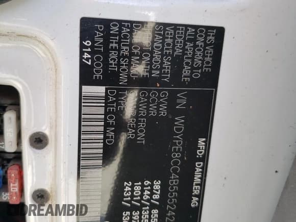 ✅ 2011 Freightliner Sprinter • VIN: WDYPE8CC4B5552423 • Lot: 69059564. Listed on Copart with Not provided. Free auction sales archive from the USA and detailed vehicle history report at DreamBid. Image 13.