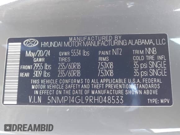 2024 Hyundai Santa Fe SE с VIN 5NMP14GL9RH048533, выставлен на аукционе IAAI как лот 41728367 с пробегом 7 945 миль миль и . История ставок и продаж доступна на DreamBid. Изображение 9.