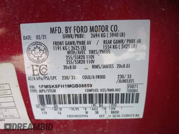 2021 Ford Explorer Limited with VIN 1FMSK8FH1MGB08859, listed as a IAAI auction lot 42993120 with 41,297 mi miles and . Bid and sale history available at DreamBid. Image 9.