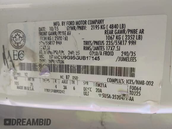 ✅ 2016 Ford Escape SE • VIN: 1FMCU9G95GUB17145 • Lot: 43270076. Listed on IAAI with 178,832 mi. Free auction sales archive from the USA and detailed vehicle history report at DreamBid. Image 9.