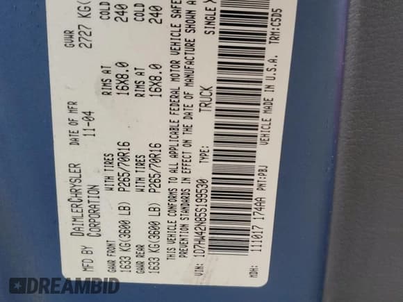 ✅ 2005 Dodge Dakota SLT • VIN: 1D7HW42N85S199530 • Lot: 90909665. Listed on Copart with 131,830 mi. Free auction sales archive from the USA and detailed vehicle history report at DreamBid. Image 12.