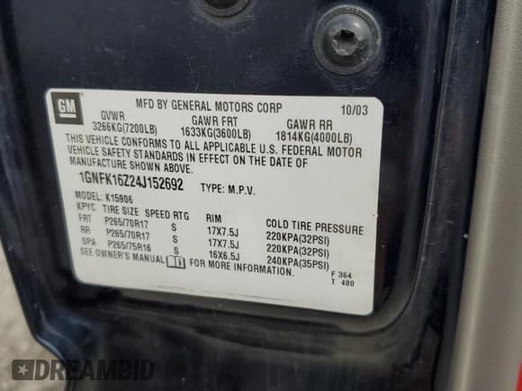 ✅ 2004 Chevrolet Suburban LT • VIN: 1GNFK16Z24J152692 • Лот: 61470705. Опубликован ранее на Copart с пробегом 258 327 миль. Бесплатный доступ к архиву аукционных продаж из США и подробный отчёт об истории автомобиля на DreamBid. Изображение 13.