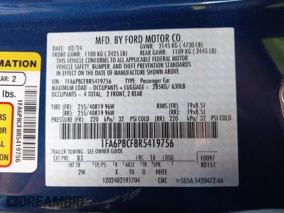 ✅ 2024 Ford Mustang GT • VIN: 1FA6P8CF8R5419756 • Lot: 42482363. Listed on IAAI with 20,480 mi. Free auction sales archive from the USA and detailed vehicle history report at DreamBid. Image 9.