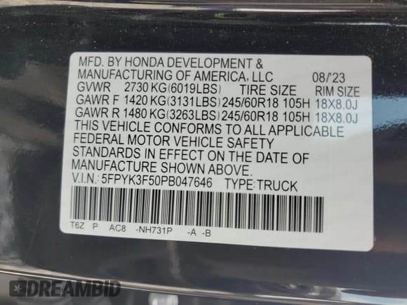 ✅ 2023 Honda Ridgeline RTL • VIN: 5FPYK3F50PB047646 • Lot: 81130175. Wystawiony na Copart z przebiegiem 21 354 mil. Bezpłatny archiwum sprzedaży aukcyjnych z USA i szczegółowy raport historii pojazdu na DreamBid. Zdjęcie 12.