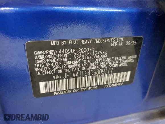 ✅ 2016 Subaru WRX Limited • VIN: JF1VA1L64G9809117 • Лот: 92134795. Опубликован ранее на Copart с пробегом 121 964 миль. Бесплатный доступ к архиву аукционных продаж из США и подробный отчёт об истории автомобиля на DreamBid. Изображение 13.