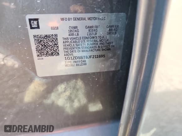 ✅ 2018 Chevrolet Malibu LT • VIN: 1G1ZD5ST8JF211695 • Lot: 84916645. Listed on Copart with Not provided. Free auction sales archive from the USA and detailed vehicle history report at DreamBid. Image 12.