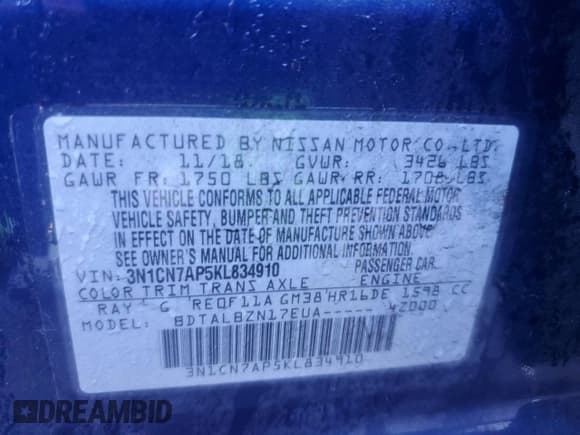 ✅ 2019 Nissan Versa S Plus • VIN: 3N1CN7AP5KL834910 • Лот: 93740445. Опубликован ранее на Copart с пробегом Не указан. Бесплатный доступ к архиву аукционных продаж из США и подробный отчёт об истории автомобиля на DreamBid. Изображение 13.