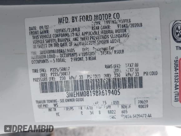 ✅ 2008 Mercury Milan Premier • VIN: 3MEHM08198R619405 • Lot: 43265254. Wystawiony na IAAI z przebiegiem 198 676 mil. Bezpłatny archiwum sprzedaży aukcyjnych z USA i szczegółowy raport historii pojazdu na DreamBid. Zdjęcie 9.