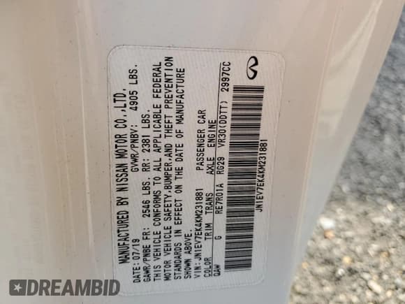 ✅ 2019 Infiniti Q60 Luxe • VIN: JN1EV7EK4KM231881 • Lot: 90304775. Listed on Copart with 60,630 mi. Free auction sales archive from the USA and detailed vehicle history report at DreamBid. Image 12.