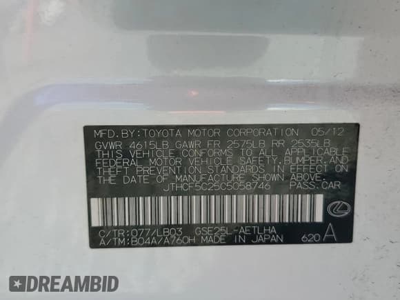 ✅ 2012 Lexus IS 250 • VIN: JTHCF5C25C5058746 • Lot: 91370785. Listed on Copart with 125,651 mi. Free auction sales archive from the USA and detailed vehicle history report at DreamBid. Image 12.