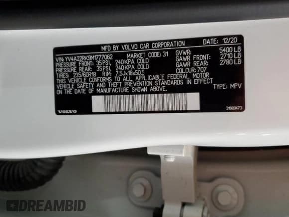 ✅ 2021 Volvo XC60 Momentum • VIN: YV4A22RK9M1777062 • Lot: 72238062. Listed on Copart with 51,254 mi. Free auction sales archive from the USA and detailed vehicle history report at DreamBid. Image 13.