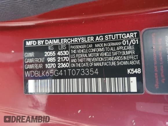 ✅ 2001 Mercedes-Benz CLK 320/430 • VIN: WDBLK65G41T073354 • Lot: 46862764. Listed on Copart with 117,290 mi. Free auction sales archive from the USA and detailed vehicle history report at DreamBid. Image 12.