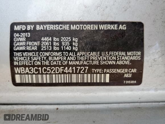 ✅ 2013 BMW 3 Series 328i • VIN: WBA3C1C52DF441727 • Lot: 58062675. Listed on Copart with 72,917 mi. Free auction sales archive from the USA and detailed vehicle history report at DreamBid. Image 12.