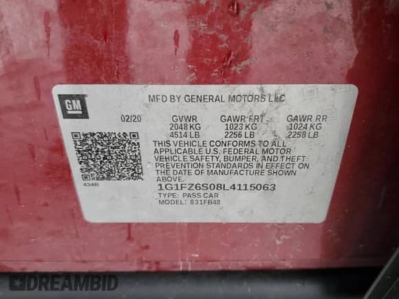 2020 Chevrolet Bolt EV Premier with VIN 1G1FZ6S08L4115063, listed as a Copart auction lot 59257693 with Not provided miles and . Bid and sale history available at DreamBid. Image 12.