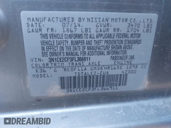 ✅ 2015 Nissan Note SL • VIN: 3N1CE2CP3FL366911 • Lot: 43890813. Listed on IAAI with 200,106 mi. Free auction sales archive from the USA and detailed vehicle history report at DreamBid. Image 9.