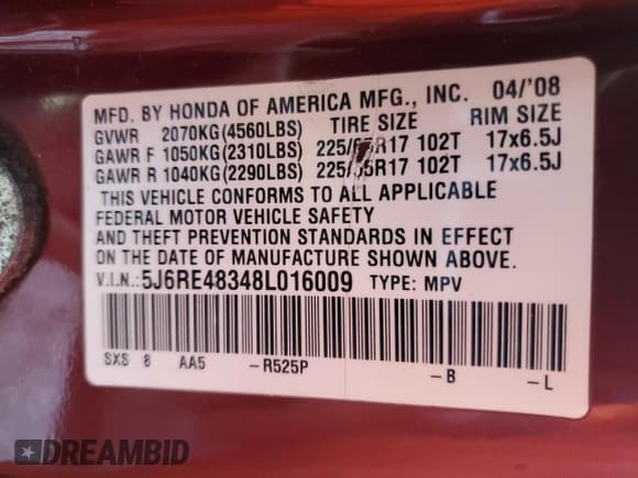 ✅ 2008 Honda CR-V LX • VIN: 5J6RE48348L016009 • Lot: 91526685. Listed on Copart with 294,659 mi. Free auction sales archive from the USA and detailed vehicle history report at DreamBid. Image 13.