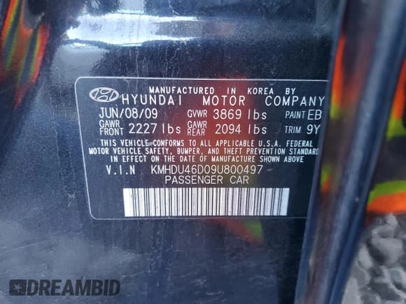 ✅ 2009 Hyundai Elantra GLS • VIN: KMHDU46D09U800497 • Lot: 85903915. Listed on Copart with Not provided. Free auction sales archive from the USA and detailed vehicle history report at DreamBid. Image 13.