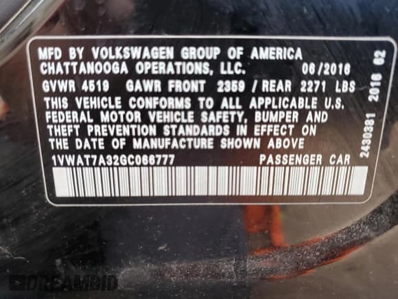 ✅ 2016 Volkswagen Passat S • VIN: 1VWAT7A32GC066777 • Lot: 80497605. Listed on Copart with 116,926 mi. Free auction sales archive from the USA and detailed vehicle history report at DreamBid. Image 12.