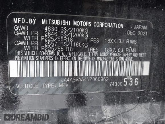 ✅ 2022 Mitsubishi Eclipse Cross LE • VIN: JA4ASVAA4NZ060962 • Lot: 42075558. Listed on IAAI with 37,020 mi. Free auction sales archive from the USA and detailed vehicle history report at DreamBid. Image 9.