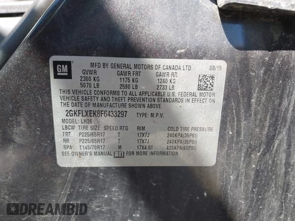 ✅ 2015 GMC Terrain SLT • VIN: 2GKFLXEK8F6433297 • Lot: 42055519. Listed on IAAI with 142,314 mi. Free auction sales archive from the USA and detailed vehicle history report at DreamBid. Image 9.