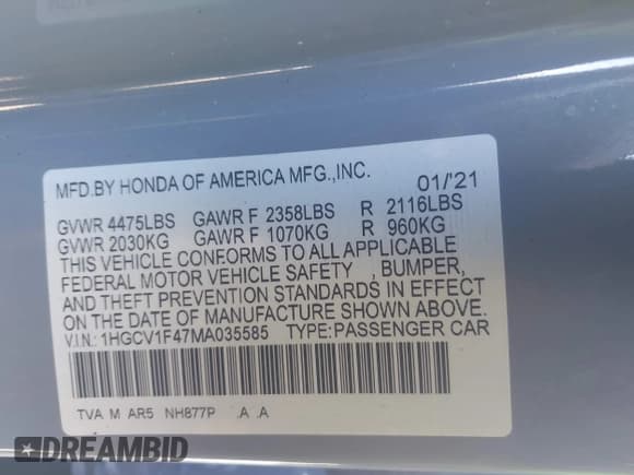 ✅ 2021 Honda Accord Sport SE • VIN: 1HGCV1F47MA035585 • Лот: 43532687. Опубликован ранее на IAAI с пробегом Не указан. Бесплатный доступ к архиву аукционных продаж из США и подробный отчёт об истории автомобиля на DreamBid. Изображение 9.