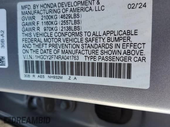 2024 Honda Accord Sport-L with VIN 1HGCY2F74RA041763, listed as a Copart auction lot 69959845 with 23,646 mi miles and Salvage title. Bid and sale history available at DreamBid. Image 12.