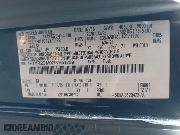 ✅ 2016 Ford Transit Cargo • VIN: 1FTYR2CM0GKB51759 • Lot: 41602091. Wystawiony na IAAI z przebiegiem 158 997 mil. Bezpłatny archiwum sprzedaży aukcyjnych z USA i szczegółowy raport historii pojazdu na DreamBid. Zdjęcie 9.