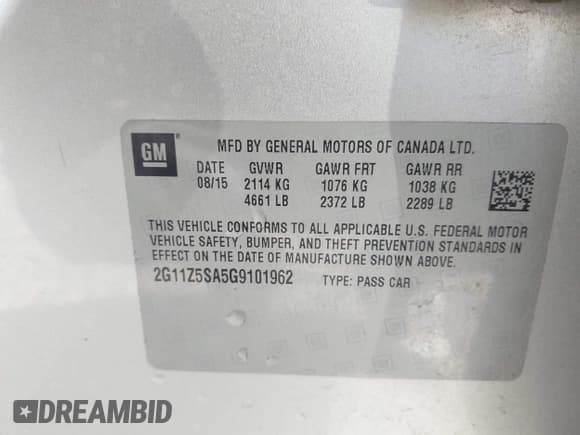 ✅ 2016 Chevrolet Impala LS • VIN: 2G11Z5SA5G9101962 • Lot: 43492350. Listed on IAAI with 159,855 mi. Free auction sales archive from the USA and detailed vehicle history report at DreamBid. Image 9.