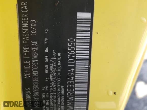 ✅ 2004 MINI Hardtop S • VIN: WMWRE33494TD76550 • Lot: 63759095. Listed on Copart with 81,950 mi. Free auction sales archive from the USA and detailed vehicle history report at DreamBid. Image 13.