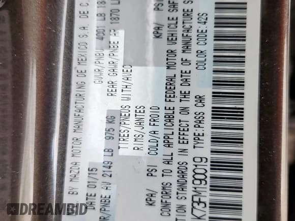 ✅ 2015 Mazda 3 i Sport • VIN: 3MZBM1K73FM190019 • Lot: 90341915. Listed on Copart with 158,450 mi. Free auction sales archive from the USA and detailed vehicle history report at DreamBid. Image 12.