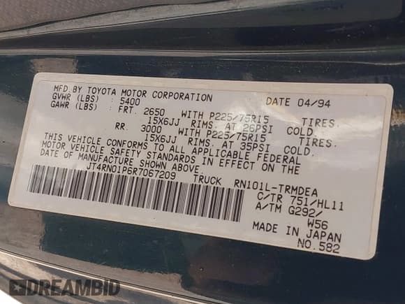 ✅ 1994 Toyota Pickup DX • VIN: JT4RN01P6R7067209 • Lot: 43502725. Listed on IAAI with 242,618 mi. Free auction sales archive from the USA and detailed vehicle history report at DreamBid. Image 9.