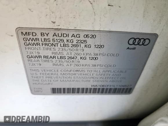 ✅ 2020 Audi Q3 S line Premium • VIN: WA1DECF31L1104527 • Lot: 92433455. Listed on Copart with 41,396 mi. Free auction sales archive from the USA and detailed vehicle history report at DreamBid. Image 14.