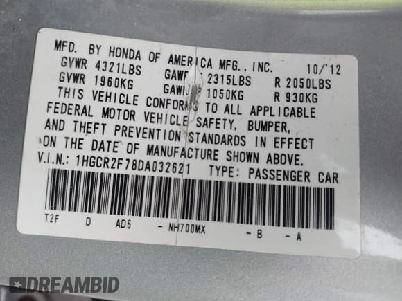 ✅ 2013 Honda Accord EX • VIN: 1HGCR2F78DA032621 • Lot: 42372786. Wystawiony na IAAI z przebiegiem 260 396 mil. Bezpłatny archiwum sprzedaży aukcyjnych z USA i szczegółowy raport historii pojazdu na DreamBid. Zdjęcie 9.
