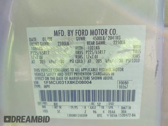 ✅ 2008 Ford Escape XLT • VIN: 1FMCU031X8KD08004 • Лот: 43551328. Опубликован ранее на IAAI с пробегом 163 229 миль. Бесплатный доступ к архиву аукционных продаж из США и подробный отчёт об истории автомобиля на DreamBid. Изображение 9.