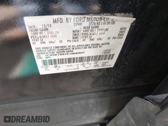 ✅ 2014 Ford Explorer • VIN: 1FM5K7B8XEGB42507 • Lot: 42522483. Listed on IAAI with 195,169 mi. Free auction sales archive from the USA and detailed vehicle history report at DreamBid. Image 9.