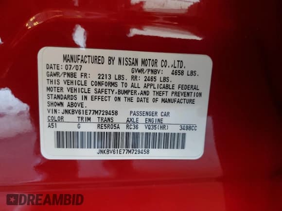 ✅ 2007 Infiniti G35 Sport • VIN: JNKBV61E77M729458 • Lot: 90348935. Listed on Copart with 100,236 mi. Free auction sales archive from the USA and detailed vehicle history report at DreamBid. Image 12.