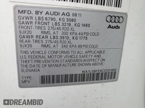 ✅ 2012 Audi Q7 Premium Plus • VIN: WA1LGBFE6CD001880 • Lot: 67327535. Listed on Copart with 239,269 mi. Free auction sales archive from the USA and detailed vehicle history report at DreamBid. Image 13.