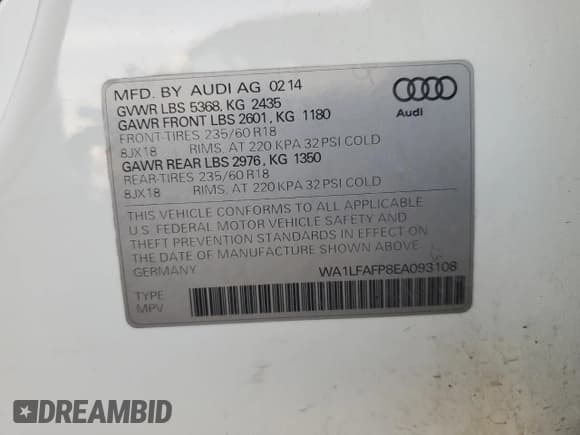 ✅ 2014 Audi Q5 Premium Plus • VIN: WA1LFAFP8EA093108 • Лот: 91131075. Опубликован ранее на Copart с пробегом 147 663 миль. Бесплатный доступ к архиву аукционных продаж из США и подробный отчёт об истории автомобиля на DreamBid. Изображение 12.