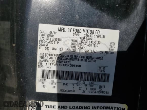 ✅ 2012 Ford F-150 XL • VIN: 1FTFW1ETXCKD96190 • Лот: 89859345. Опубликован ранее на Copart с пробегом Не указан. Бесплатный доступ к архиву аукционных продаж из США и подробный отчёт об истории автомобиля на DreamBid. Изображение 12.