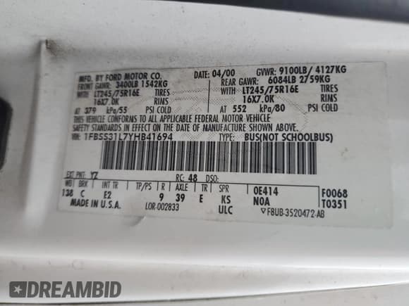 ✅ 2000 Ford Econoline Passenger XL • VIN: 1FBSS31L7YHB41694 • Lot: 43387385. Listed on Copart with 108,458 mi. Free auction sales archive from the USA and detailed vehicle history report at DreamBid. Image 13.