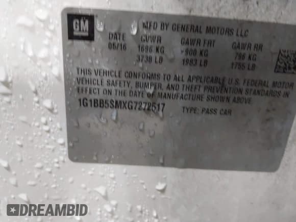 ✅ 2016 Chevrolet Cruze LS • VIN: 1G1BB5SMXG7272517 • Lot: 41283610. Listed on IAAI with 57,497 mi. Free auction sales archive from the USA and detailed vehicle history report at DreamBid. Image 9.