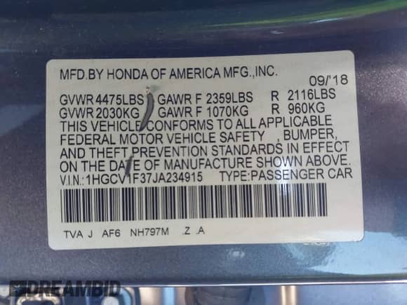 2018 Honda Accord Sport с VIN 1HGCV1F37JA234915, выставлен на аукционе IAAI как лот 43451888 с пробегом 79 042 миль миль и . История ставок и продаж доступна на DreamBid. Изображение 9.