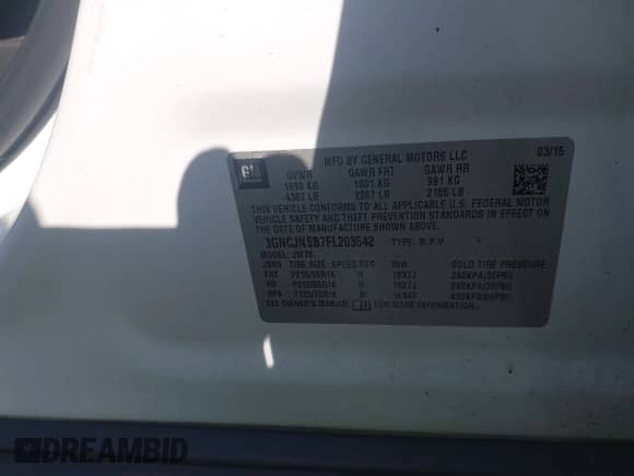 2015 Chevrolet Trax LTZ с VIN 3GNCJNSB7FL203542, выставлен на аукционе IAAI как лот 43224923 с пробегом 144 446 миль миль и . История ставок и продаж доступна на DreamBid. Изображение 9.