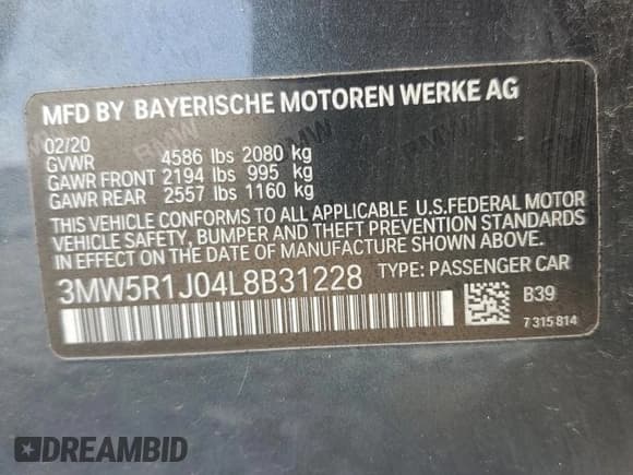 ✅ 2020 BMW 3 Series 330i • VIN: 3MW5R1J04L8B31228 • Lot: 60422235. Listed on Copart with 111,508 mi. Free auction sales archive from the USA and detailed vehicle history report at DreamBid. Image 12.