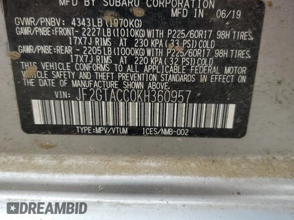 ✅ 2019 Subaru Crosstrek Premium • VIN: JF2GTACC0KH360957 • Lot: 86283445. Listed on Copart with 54,928 mi. Free auction sales archive from the USA and detailed vehicle history report at DreamBid. Image 13.