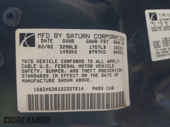 ✅ 2002 Saturn SL • VIN: 1G8ZH52812Z227514 • Lot: 42859934. Listed on IAAI with 84,221 mi. Free auction sales archive from the USA and detailed vehicle history report at DreamBid. Image 9.