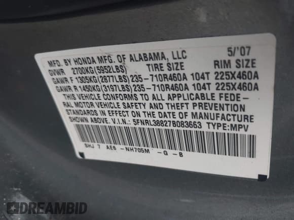 ✅ 2007 Honda Odyssey Touring • VIN: 5FNRL38827B083663 • Lot: 42789242. Wystawiony na IAAI z przebiegiem 213 499 mil. Bezpłatny archiwum sprzedaży aukcyjnych z USA i szczegółowy raport historii pojazdu na DreamBid. Zdjęcie 9.