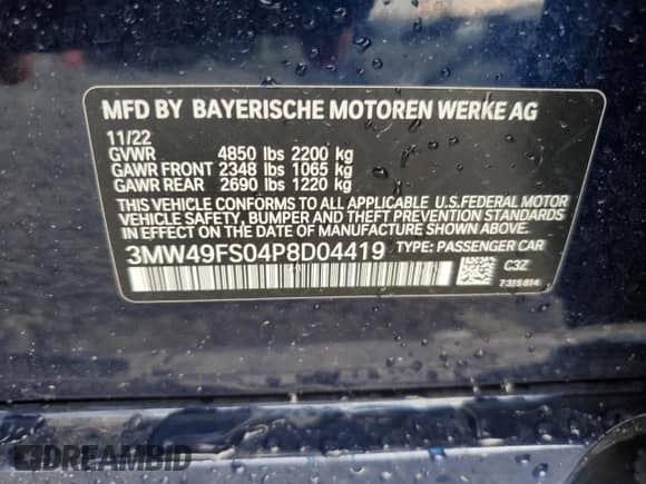 2023 BMW 3 Series M340i with VIN 3MW49FS04P8D04419, listed as a Copart auction lot 71625105 with 19,973 mi miles and Salvage title. Bid and sale history available at DreamBid. Image 13.